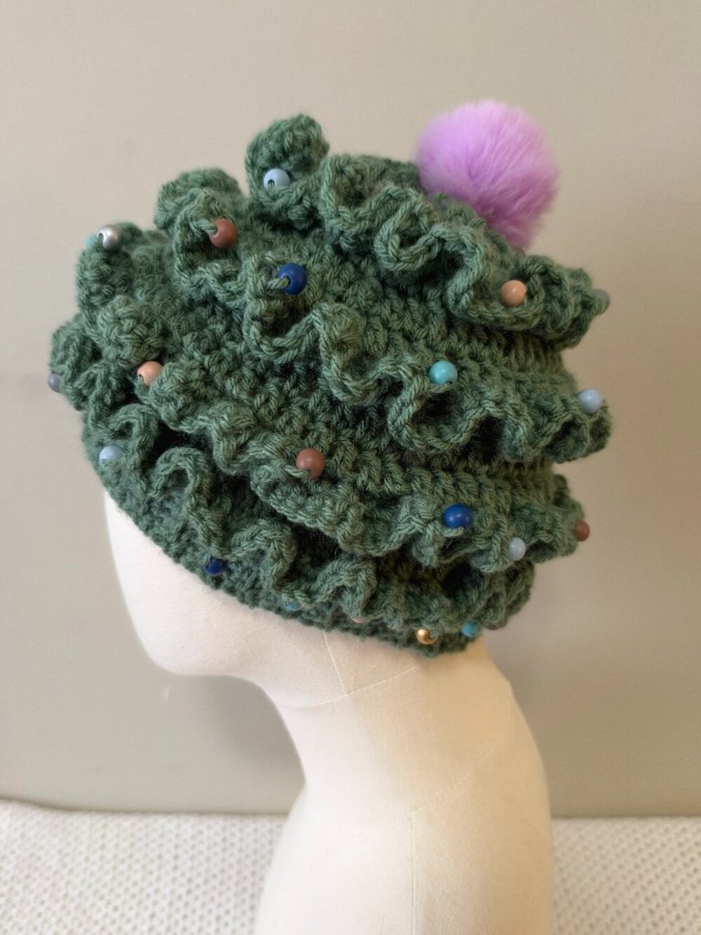 Handmade Crochet Festive Christmas Tree Embellished Green Pompom Beanie